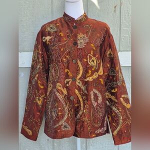 CHICO'S Women's Silk Embroidered Beaded Jacket Asian Inspired Rust Size 1 (M)